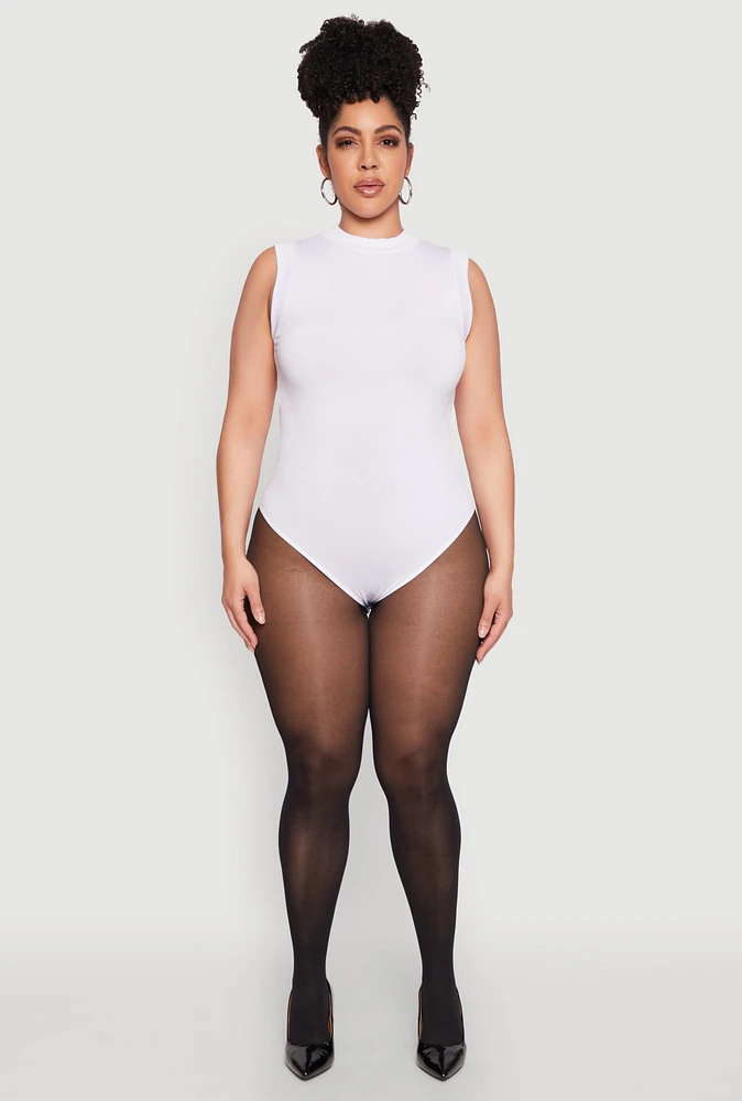 Womens Plus Size Seamless Mock Neck Sleeveless Bodysuit, White, Size 1X-2X