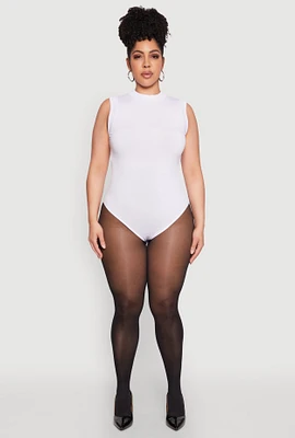 Womens Plus Size Seamless Mock Neck Sleeveless Bodysuit, White, Size 1X-2X