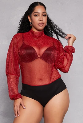 Womens Plus Size Lurex Balloon Sleeve Bodysuit, Red, Size 1X