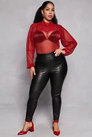 Womens Plus Size Lurex Balloon Sleeve Bodysuit, Red, Size 1X