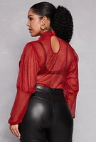Womens Plus Size Lurex Balloon Sleeve Bodysuit, Red, Size 1X