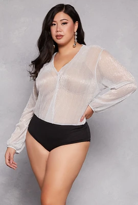Womens Plus Size Lurex Surplice Bubble Sleeve Bodysuit, White, Size 3X