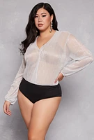 Womens Plus Size Lurex Surplice Bubble Sleeve Bodysuit, White, Size 3X