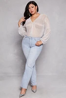 Womens Plus Size Lurex Surplice Bubble Sleeve Bodysuit, White, Size 3X