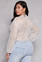 Womens Plus Size Lurex Surplice Bubble Sleeve Bodysuit, White, Size 3X