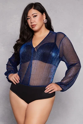 Womens Plus Lurex Surplice Bubble Sleeve Bodysuit,