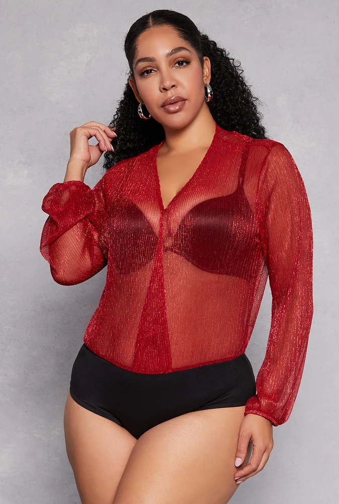 Womens Plus Lurex Surplice Bubble Sleeve Bodysuit,