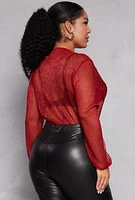 Womens Plus Lurex Surplice Bubble Sleeve Bodysuit,