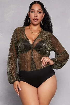 Womens Plus Size Lurex Surplice Bubble Sleeve Bodysuit, Yellow, Size 3X