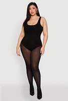 Womens Plus Size Double Layered Scoop Neck Bodysuit, Black, Size 2X