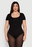 Womens Plus Size Scoop Neck Double Layered Bodysuit, Black, Size 2X