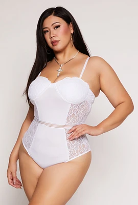Womens Plus Lace Detail Convertible Bustier Bodysuit, White,