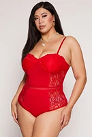 Womens Plus Size Lace Detail Convertible Bustier Bodysuit, Red, Size 1X