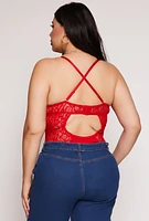 Womens Plus Size Lace Detail Convertible Bustier Bodysuit, Red, Size 1X
