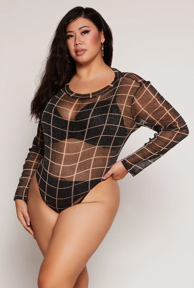 Womens Plus Windowpane Sheer Bodysuit, Black,