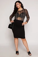 Womens Plus Size Windowpane Sheer Bodysuit, Black, Size 3X