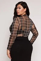 Womens Plus Size Windowpane Sheer Bodysuit, Black, Size 3X