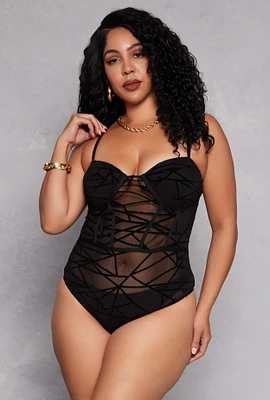 Womens Plus Velvet Burnout Patterned Bustier Bodysuit,