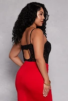 Womens Plus Size Velvet Burnout Patterned Bustier Bodysuit, Black, Size 1X