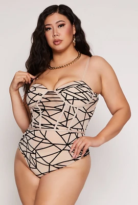 Womens Plus Velvet Burnout Patterned Bustier Bodysuit,