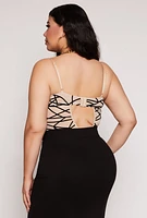 Womens Plus Velvet Burnout Patterned Bustier Bodysuit, Beige,