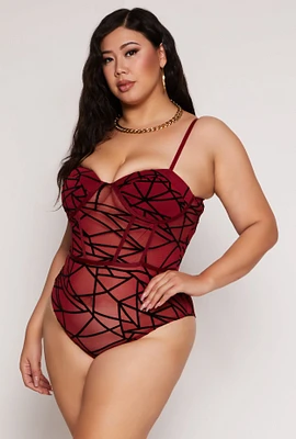 Womens Plus Size Velvet Burnout Patterned Bustier Bodysuit, Burgundy, Size 2X