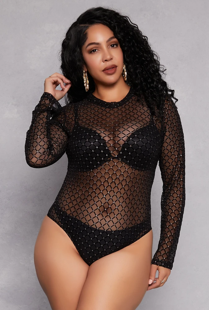 Womens Plus Patterned Velvet Burnout Mesh Bodysuit,