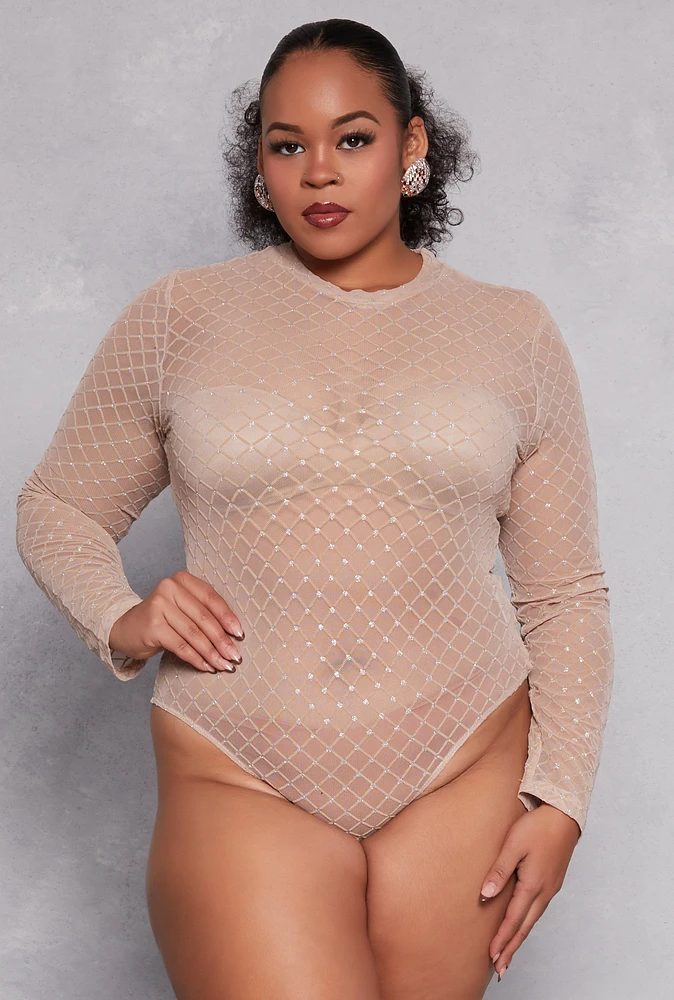 Womens Plus Size Patterned Velvet Burnout Mesh Bodysuit, Beige, Size 2X
