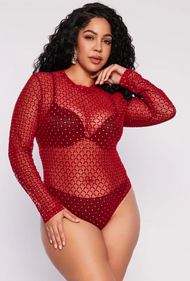 Womens Plus Patterned Velvet Burnout Mesh Bodysuit, Red,