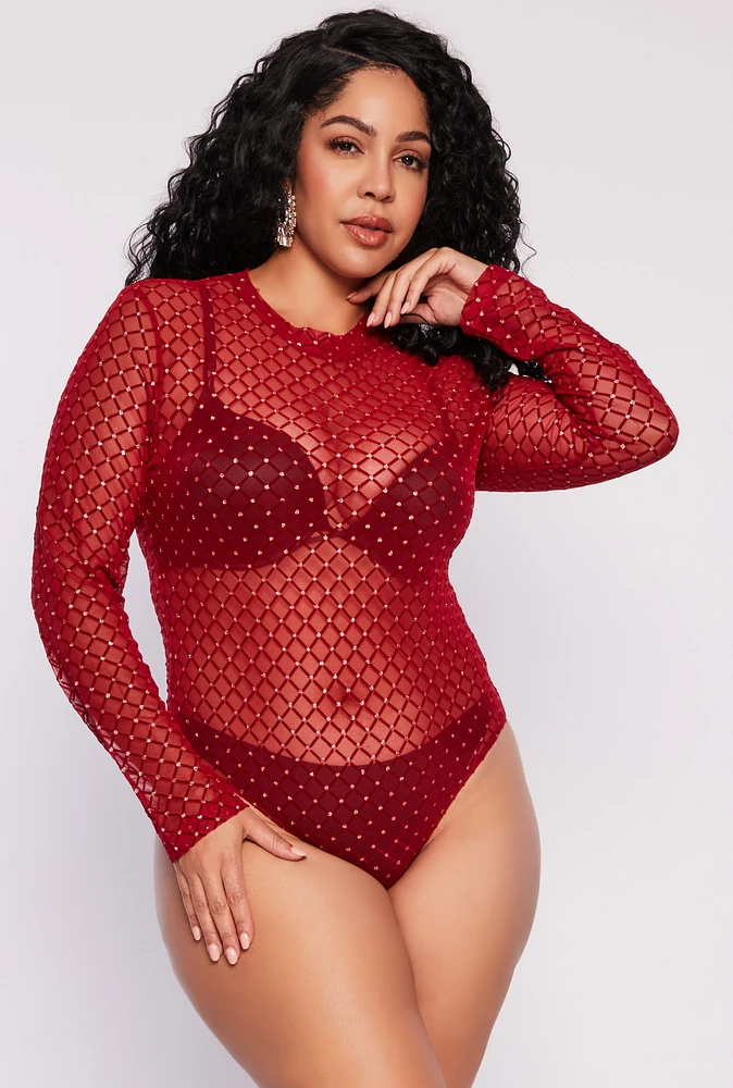 Womens Plus Size Patterned Velvet Burnout Mesh Bodysuit, Red, Size 1X
