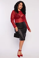 Womens Plus Size Patterned Velvet Burnout Mesh Bodysuit, Red, Size 1X