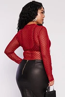Womens Plus Size Patterned Velvet Burnout Mesh Bodysuit, Red, Size 1X