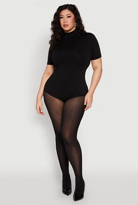 Womens Plus Size Seamless Short Sleeve Mock Neck Bodysuit, Black, Size 2X-3X
