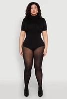 Womens Plus Size Seamless Short Sleeve Mock Neck Bodysuit, Black, Size 2X-3X