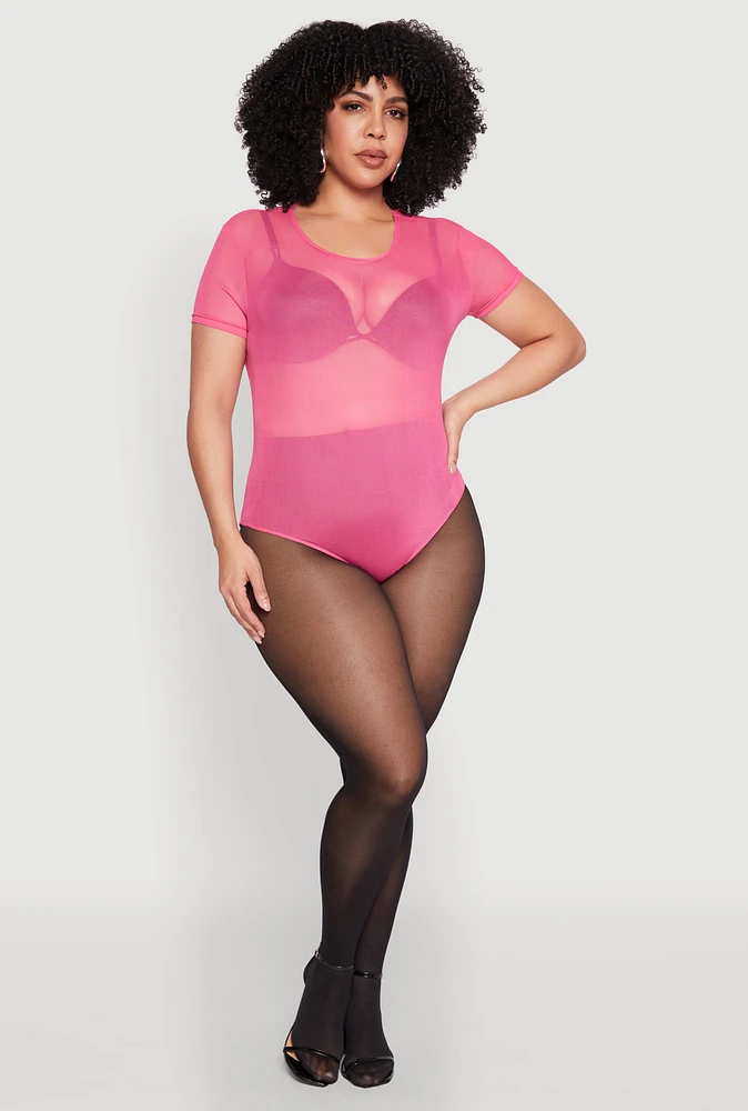Womens Plus Size Mesh Scoop Neck Bodysuit, Pink, Size 2X