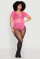 Womens Plus Size Mesh Scoop Neck Bodysuit, Pink, Size 2X