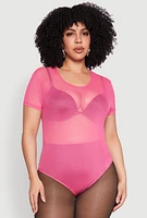 Womens Plus Size Mesh Scoop Neck Bodysuit, Pink, Size 2X