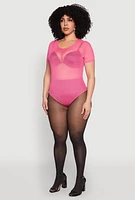 Womens Plus Size Mesh Scoop Neck Bodysuit, Pink, Size 2X