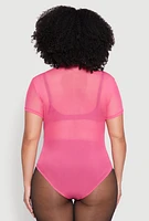 Womens Plus Size Mesh Scoop Neck Bodysuit, Pink, Size 2X
