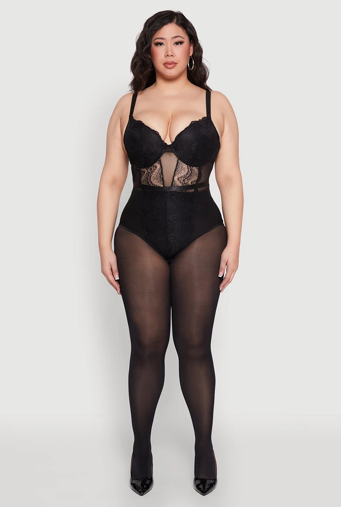 Womens Plus Size Lace Detail Bustier Bodysuit, Black, Size 2X