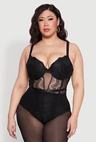 Womens Plus Size Lace Detail Bustier Bodysuit, Black, Size 2X