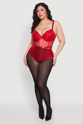 Womens Plus Size Lace Detail Bustier Bodysuit, Red, Size 1X