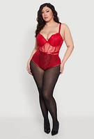 Womens Plus Size Lace Detail Bustier Bodysuit, Red, Size 1X