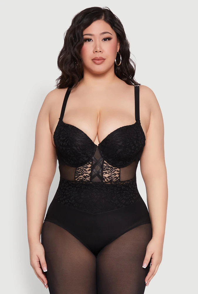 Womens Plus Size Lace Detail Caged Bustier Bodysuit, Black, Size 2X