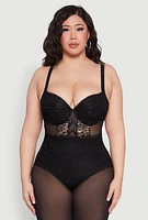 Womens Plus Lace Detail Caged Bustier Bodysuit, Black,