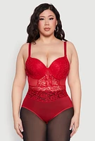 Womens Plus Size Lace Detail Caged Bustier Bodysuit, Red, Size 3X
