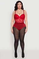 Womens Plus Size Lace Detail Caged Bustier Bodysuit, Red, Size 3X