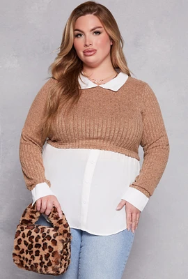 Womens Plus Brushed Rib Knit Sweater Blouse,