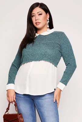 Womens Plus Size Brushed Rib Knit Sweater Blouse, Green, Size 1X