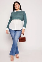 Womens Plus Size Brushed Rib Knit Sweater Blouse, Green, Size 1X